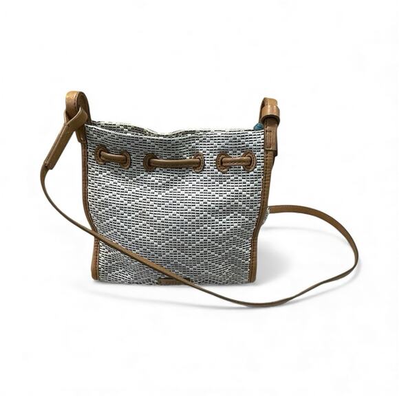 Fossil Claire Small Drawstring Bag Beige/Brown Woven W/Leather Trim Tassel 9x9 - Picture 2 of 14